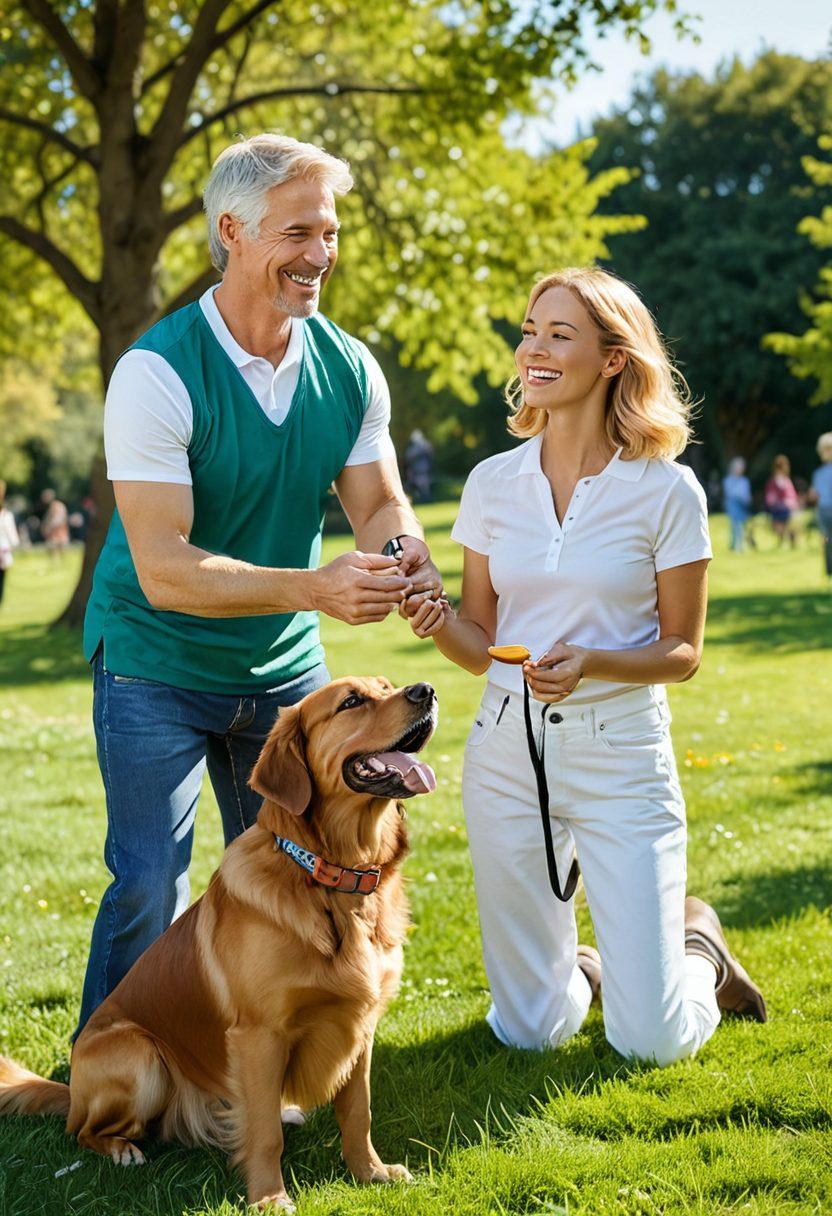 An expert canine trainer demonstrating positive reinforcement techniques with a happy, well-trained dog in a park setting, showcasing various tools like treats and clickers, while diverse dog breeds play in the background. The ambiance is warm and inviting, emphasizing harmony between humans and dogs. super-realistic. vibrant colors. outdoor scene.