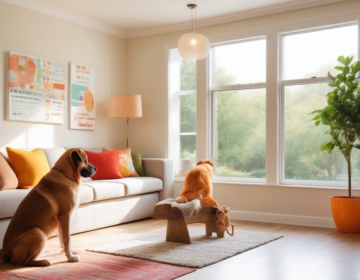 A calming, inviting interior of a modern home with a cozy dog training area, featuring a friendly dog and its owner practicing commands. Include colorful training tools scattered around and motivational quotes on the wall. Showcase a warm, engaging atmosphere that highlights the special bond between humans and pets. super-realistic. vibrant colors. natural light.