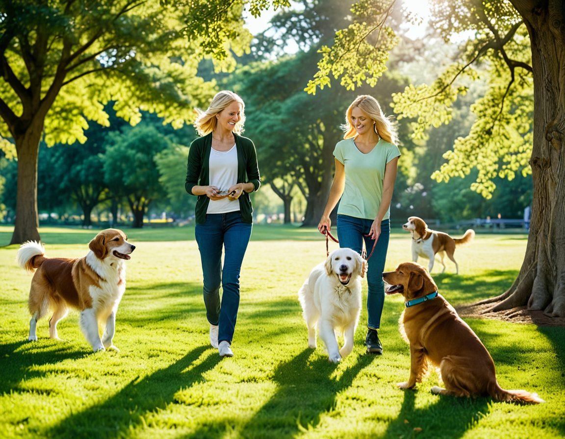 A serene, open park setting with a diverse group of dogs engaging in training exercises with their owners. The scene features a knowledgeable canine expert demonstrating techniques, surrounded by happy dogs and attentive owners. Sunlight filters through trees, creating a warm and inviting atmosphere. Include various dog breeds to showcase diversity and engagement in training. colorful photography. tranquil setting.